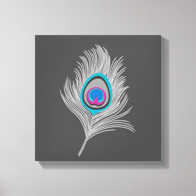 Silver Gray / Grey Peacock Feather on Graphite Canvas Print (Front)