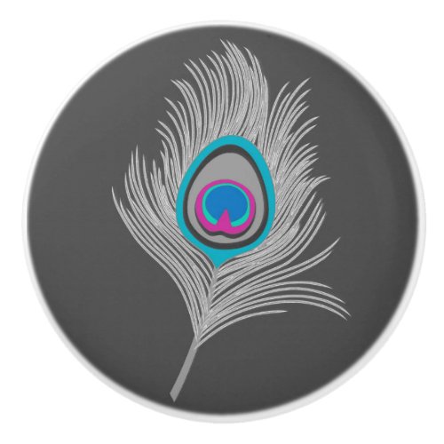 Silver Gray  Grey Peacock Feather on Graphite Ceramic Knob