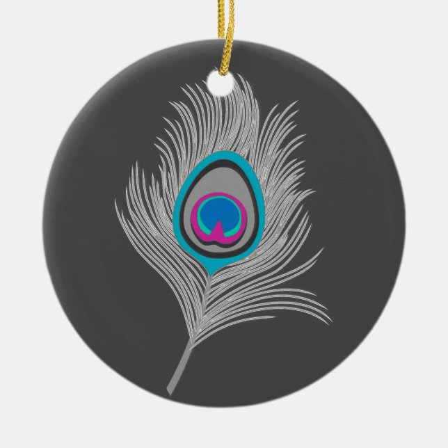 Silver Gray / Grey Peacock Feather on Graphite Ceramic Ornament (Front)
