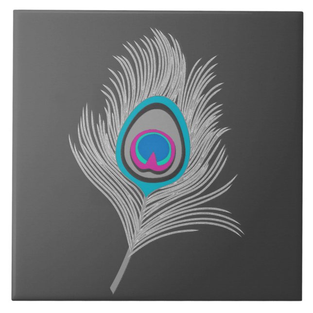Silver Gray / Grey Peacock Feather on Graphite Ceramic Tile (Front)