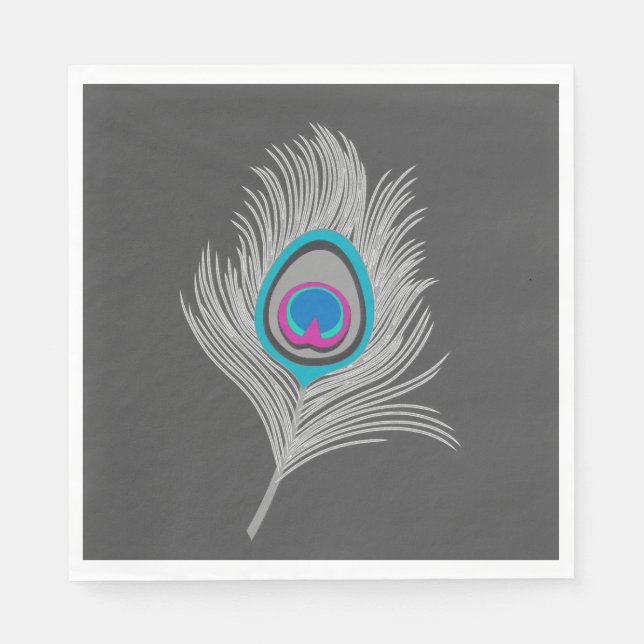 Silver Gray / Grey Peacock Feather on Graphite Paper Napkins (Front)