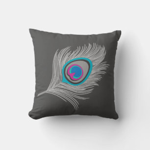 Silver Gray / Grey Peacock Feather on Graphite Throw Pillow