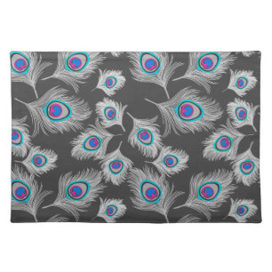 Silver Gray / Grey Peacock Feathers on Dark Gray Cloth Placemat