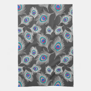 Silver Gray / Grey Peacock Feathers on Dark Gray Kitchen Towel