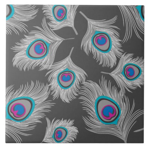 Silver Gray  Grey Peacock Feathers on Graphite Ceramic Tile