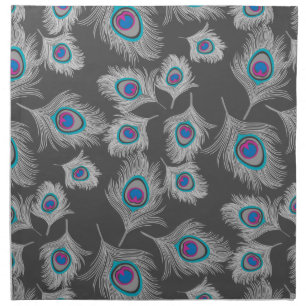 Silver Gray / Grey Peacock Feathers on Graphite Cloth Napkin