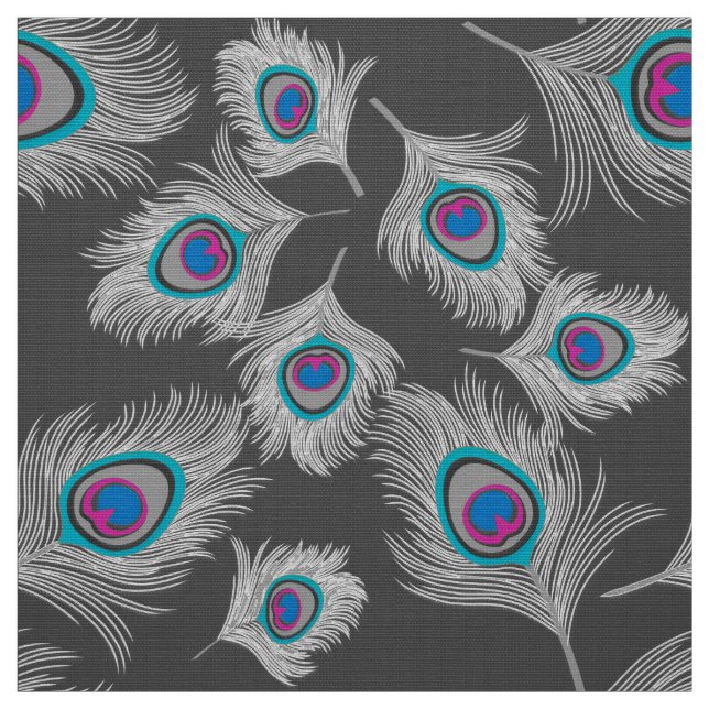 Silver Gray / Grey Peacock Feathers on Graphite Fabric (Swatch)