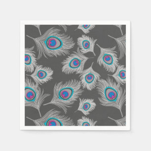 Silver Gray / Grey Peacock Feathers on Graphite Paper Napkins