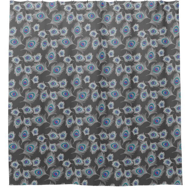 Silver Gray / Grey Peacock Feathers on Graphite Shower Curtain (Front)