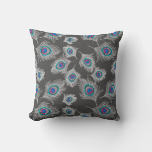 Silver Gray / Grey Peacock Feathers on Graphite Throw Pillow