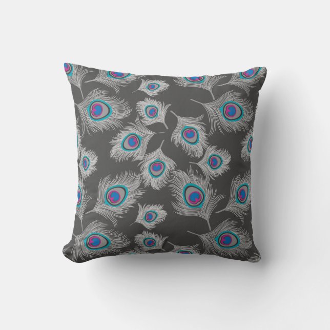 Silver Gray / Grey Peacock Feathers on Graphite Throw Pillow (Front)