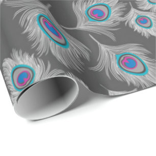 Silver Gray / Grey Peacock Feathers on Graphite Wrapping Paper