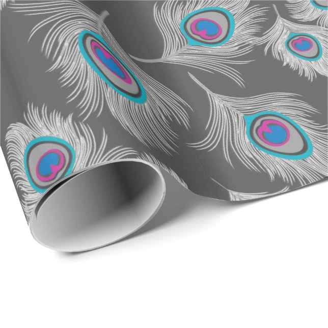 Silver Gray / Grey Peacock Feathers on Graphite Wrapping Paper (Roll Corner)