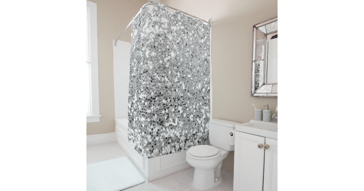 Silver Gray Grey White Faux Glitter Sequin Glam Shower Curtain