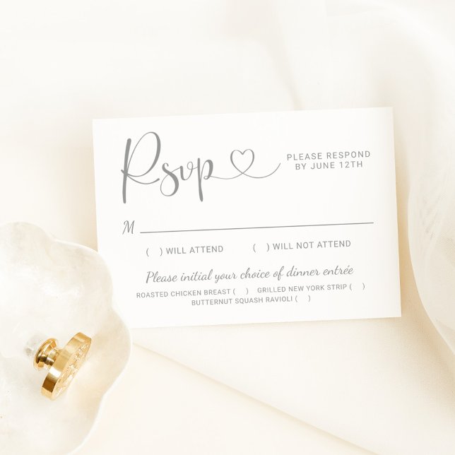 Silver Gray Heart Script Wedding with Meal RSVP Card (Creator Uploaded)