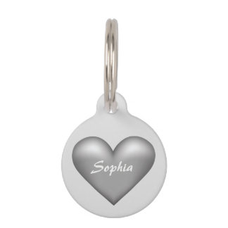 Silver Gray Heart With Custom Name Over Pet ID Tag