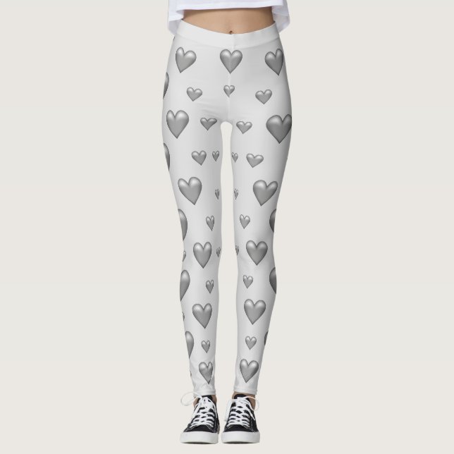 Silver Gray Hearts Pattern Leggings (Front)