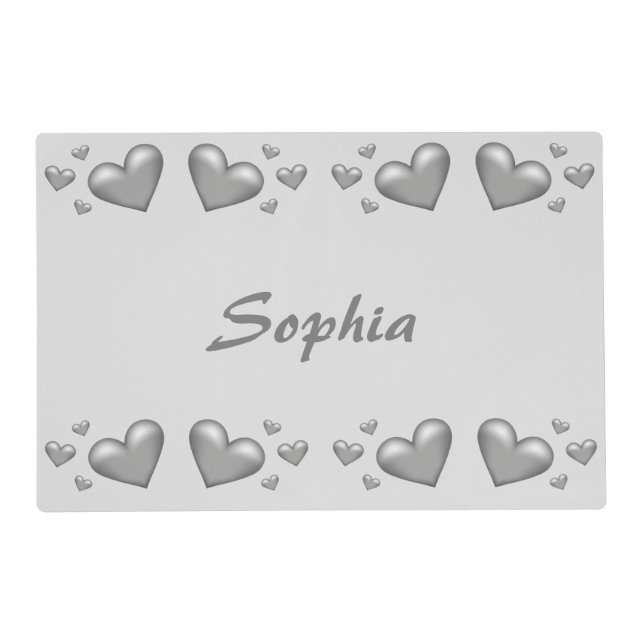 Silver Gray Hearts With Custom Name Placemat (Front)