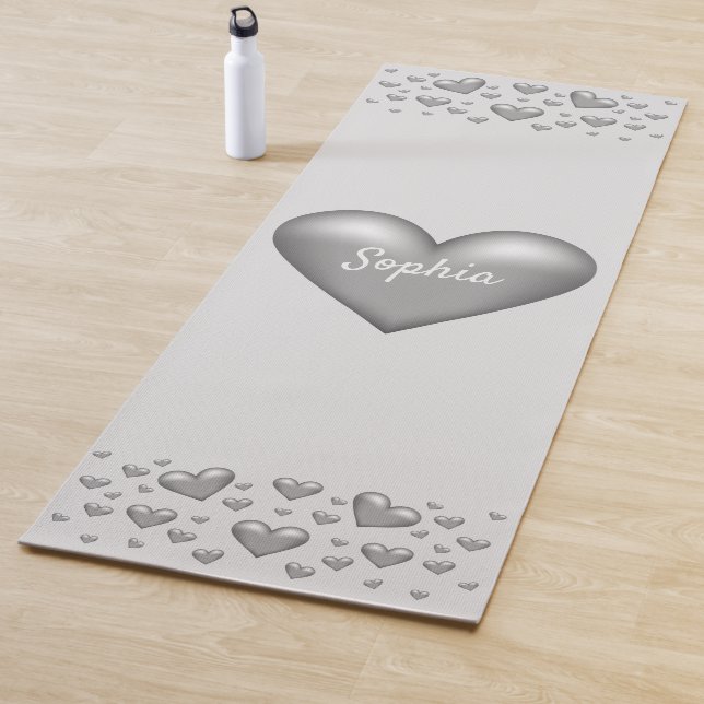 Silver Gray Hearts With Custom Text Yoga Mat (In Situ)