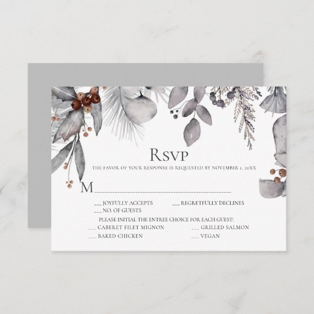Silver Gray Holly Pine Eucalyptus Rust Berries RSVP Card (Front/Back)