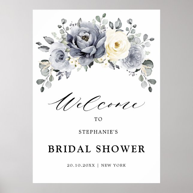 Silver Gray Ivory Floral  Bridal Shower Welcome Poster (Front)