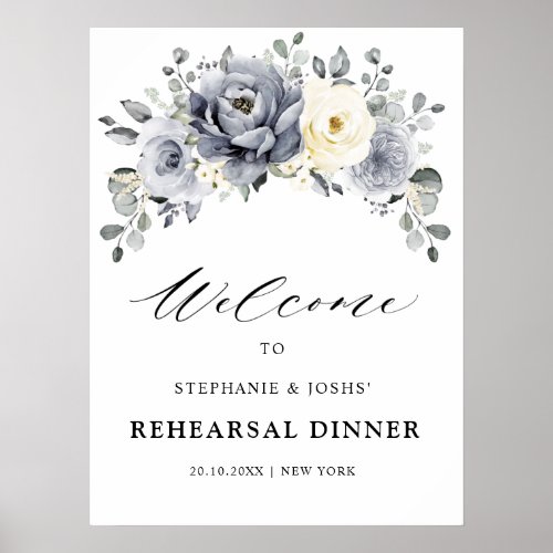 Silver Gray Ivory Floral  Rehearsal Dinner Welcome Poster