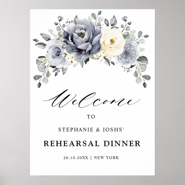 Silver Gray Ivory Floral  Rehearsal Dinner Welcome Poster (Front)
