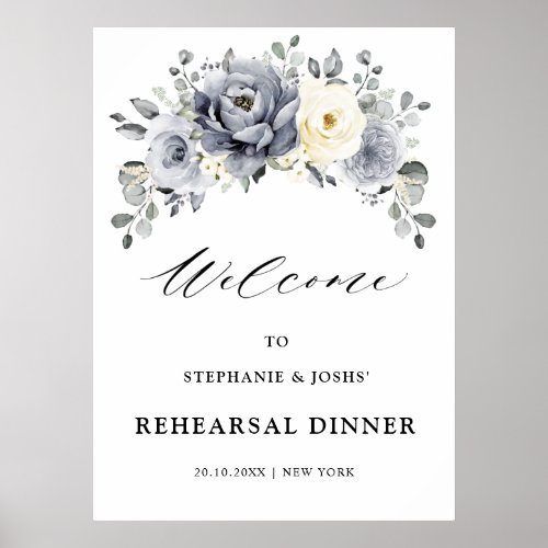 Silver Gray Ivory Floral Winter Dinner Welcome     Poster