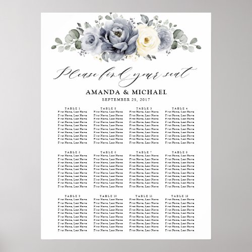 Silver Gray Ivory  Winter Wedding Seating Chart