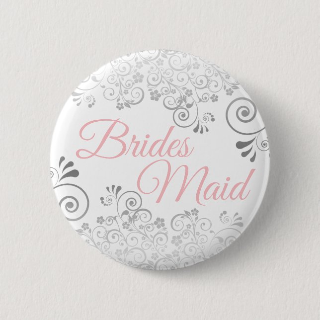 Silver Gray Lace Frills & Pink Elegant Bridesmaid Button (Front)