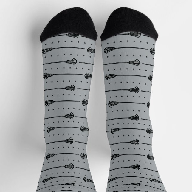 Silver Gray Lacrosse Black Sticks & Dots Pattern Socks (Top)