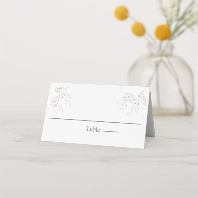 Silver Gray Leaves Botanical Elegant Wedding Place Card (Front)