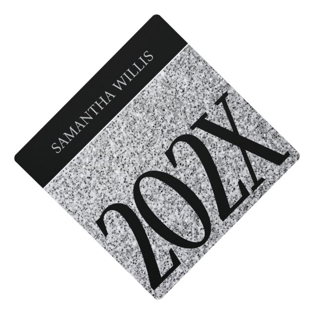 Silver gray light faux sparkles Custom name Class Graduation Cap Topper (Front)