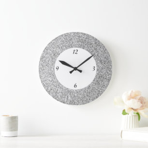 Silver gray light glitter sparkles black white large clock
