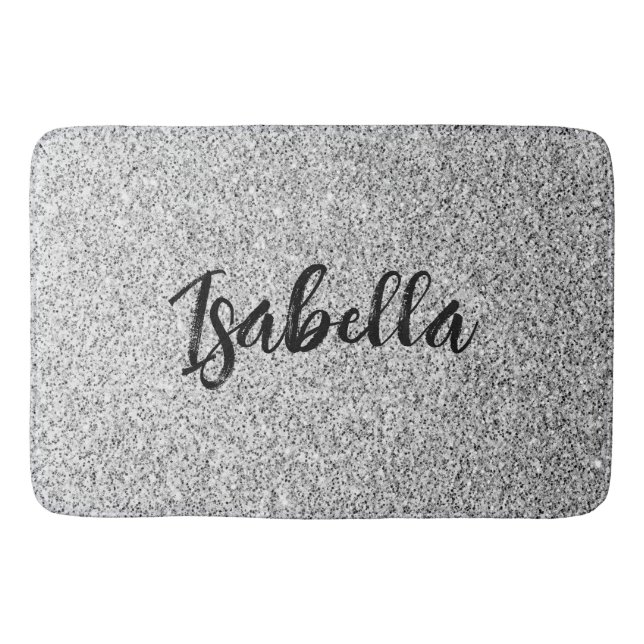 Silver gray light glitter sparkles Custom name Bath Mat (Front)