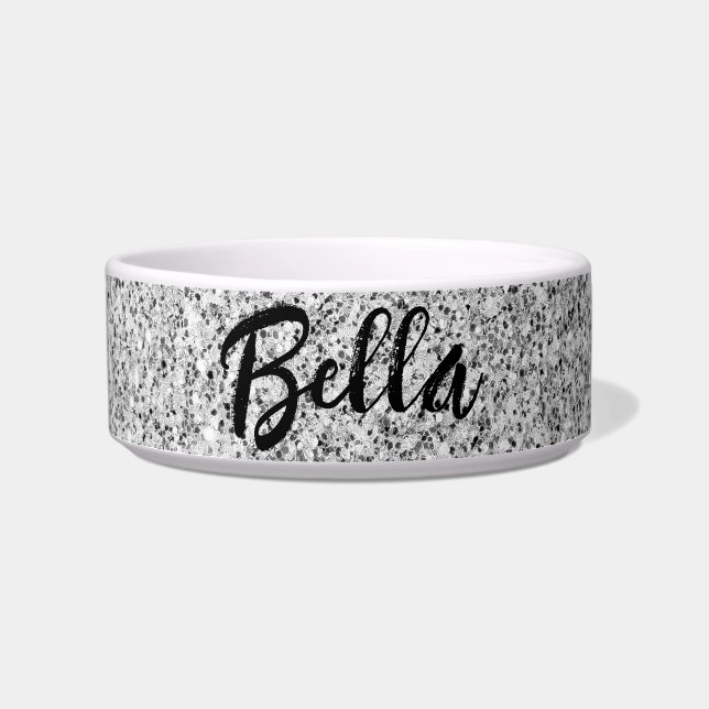 Silver gray light glitter sparkles Custom name Bowl (Front)