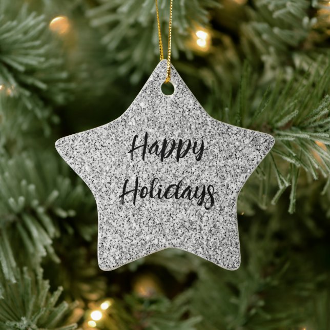 Silver gray light glitter sparkles Custom name Ceramic Ornament (Tree)