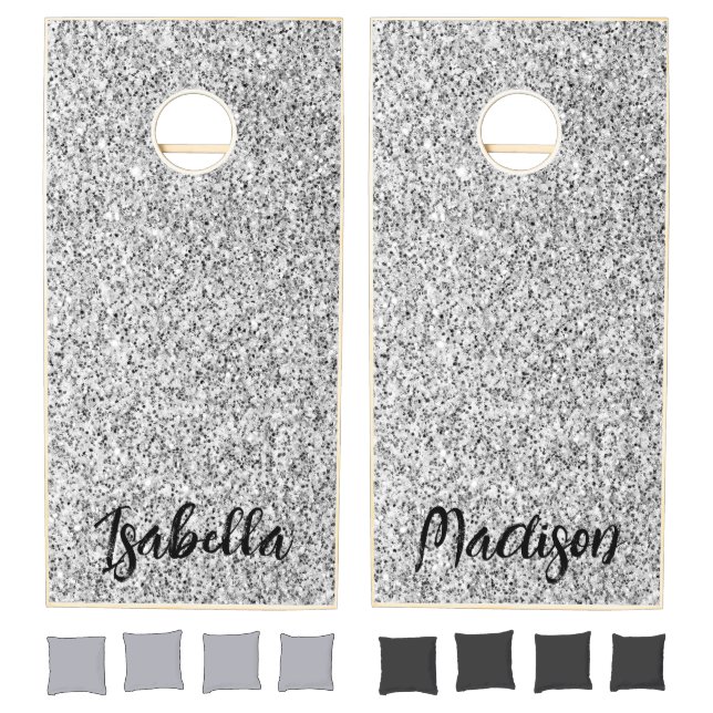 Silver gray light glitter sparkles Custom name Cornhole Set (Set)