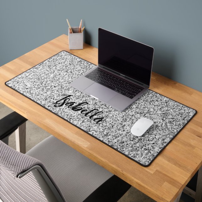 Silver gray light glitter sparkles Custom name Desk Mat (Office 2)