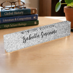 Silver gray light glitter sparkles Custom name Desk Name Plate