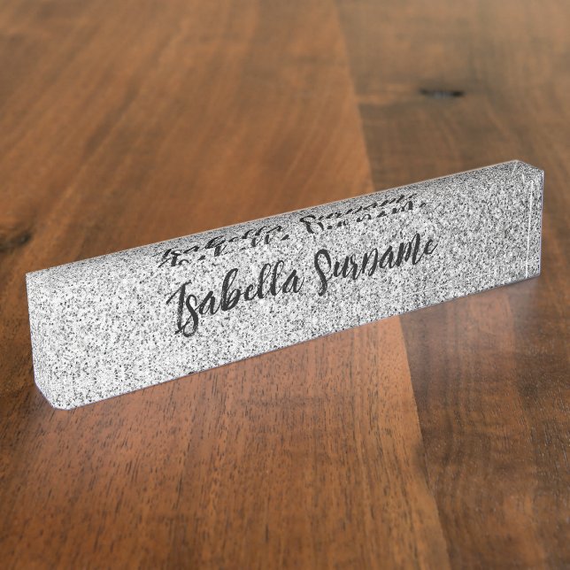 Silver gray light glitter sparkles Custom name Desk Name Plate (Side)