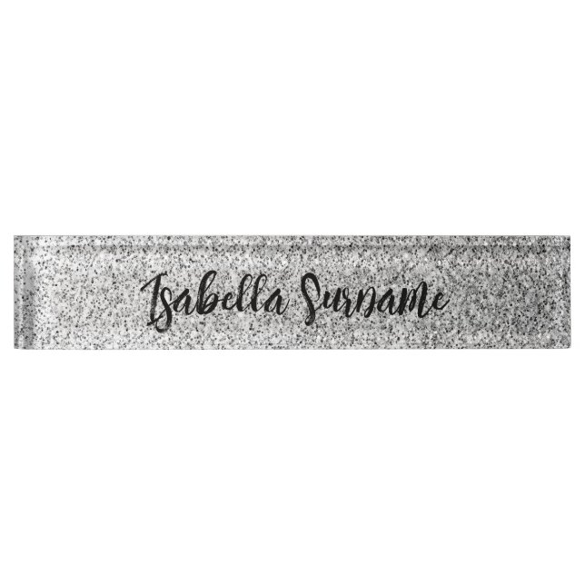 Silver gray light glitter sparkles Custom name Desk Name Plate (Front)