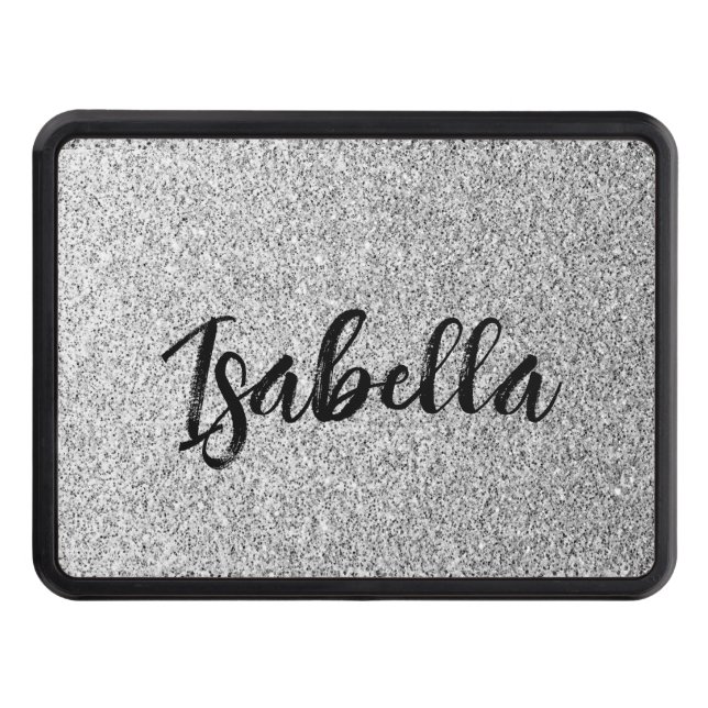 Silver gray light glitter sparkles Custom name Hitch Cover (Front)