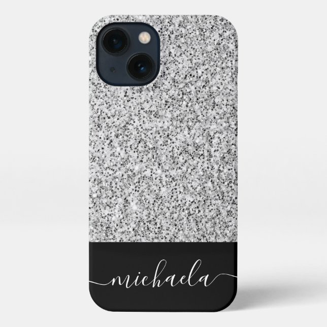 Silver gray light glitter sparkles Custom name iPhone Case (Back)