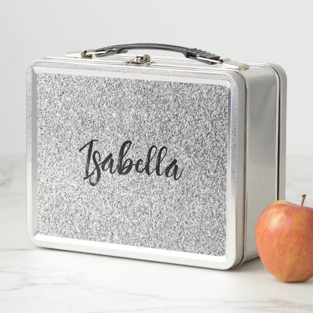 Silver gray light glitter sparkles Custom name Metal Lunch Box (In Situ)