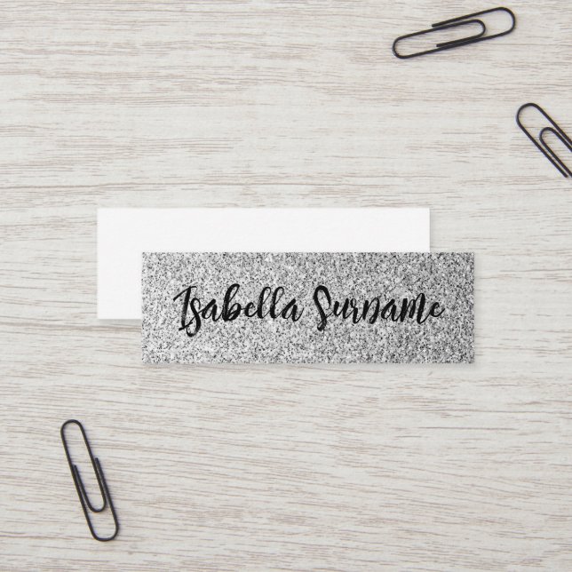 Silver gray light glitter sparkles Custom name Mini Business Card (Front/Back In Situ)