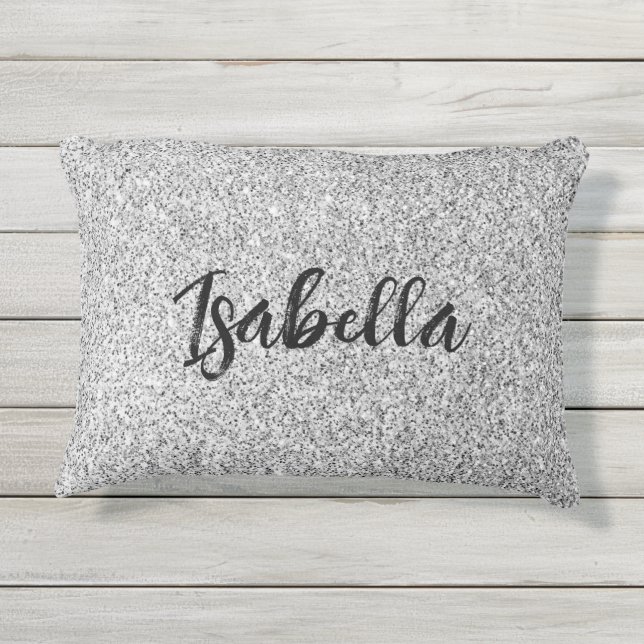 Silver gray light glitter sparkles Custom name Outdoor Pillow (Back)