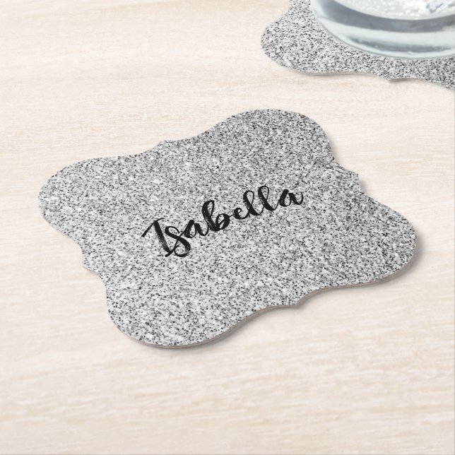 Silver gray light glitter sparkles Custom name Paper Coaster (Angled)
