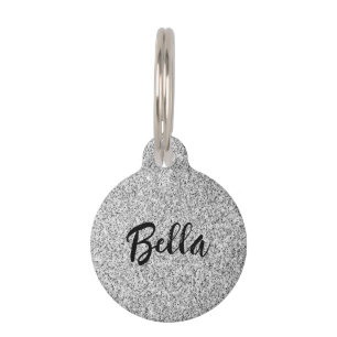Silver gray light glitter sparkles Custom name Pet ID Tag
