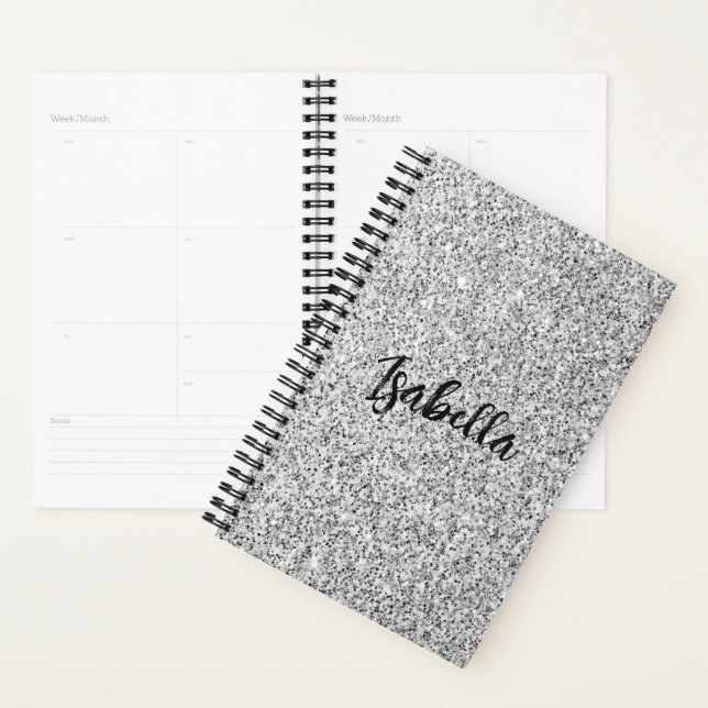 Silver gray light glitter sparkles Custom name Planner (Display)